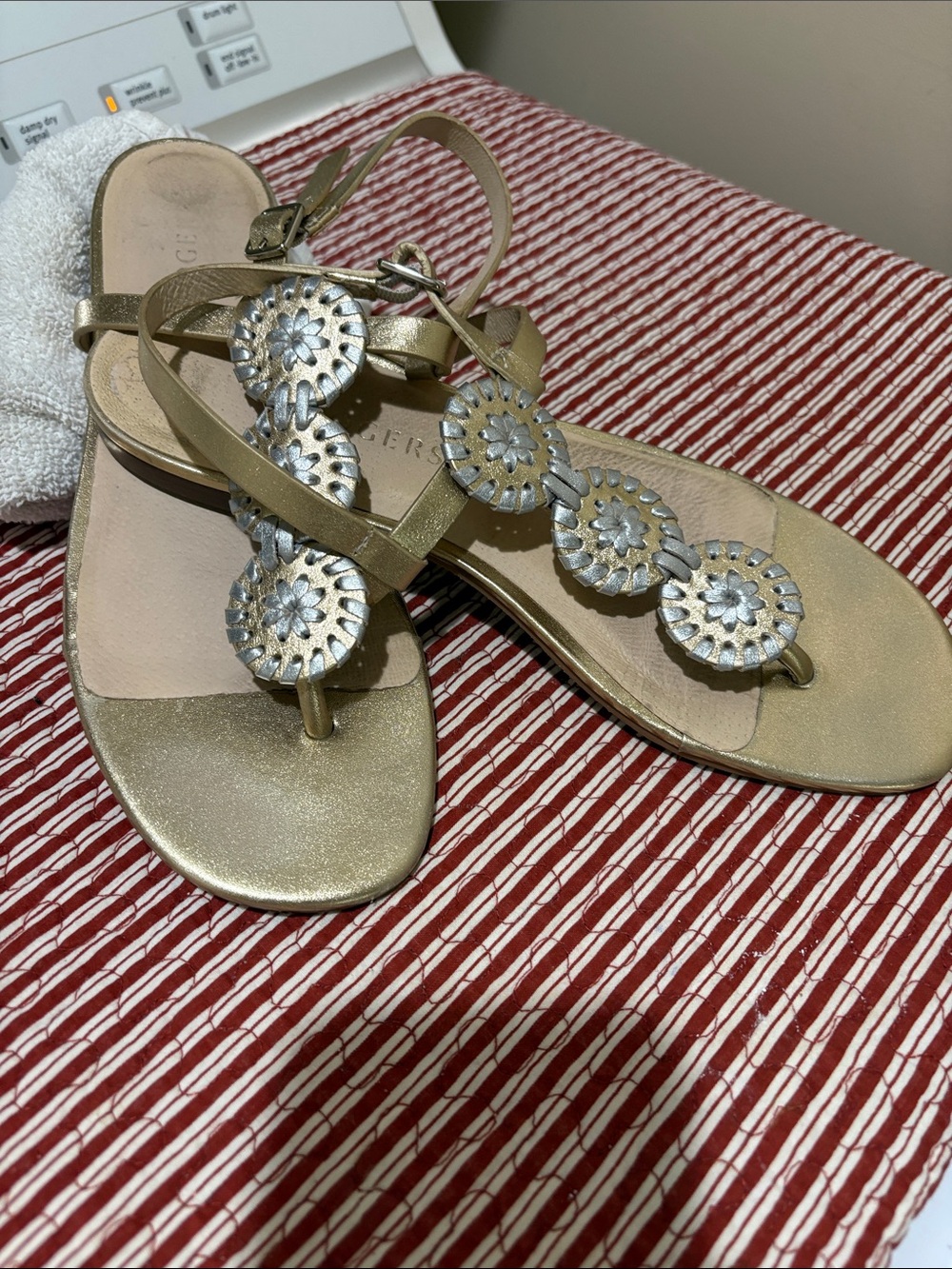 Jack Rogers Gold and Silver Floral Medallion T-Strap Sandals